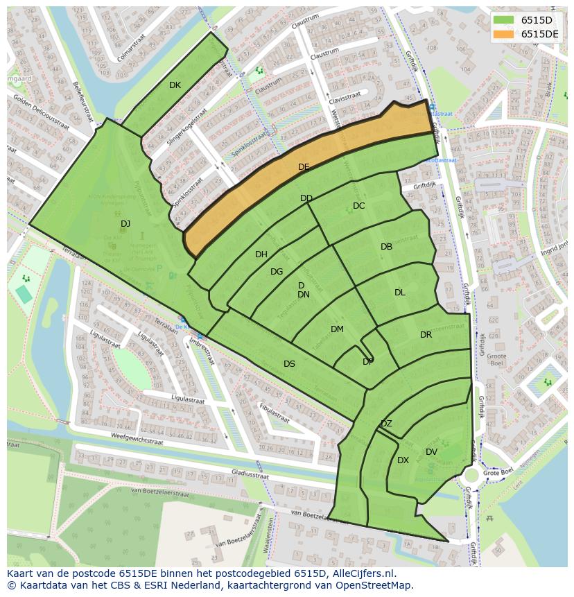 Afbeelding van het postcodegebied 6515 DE op de kaart.