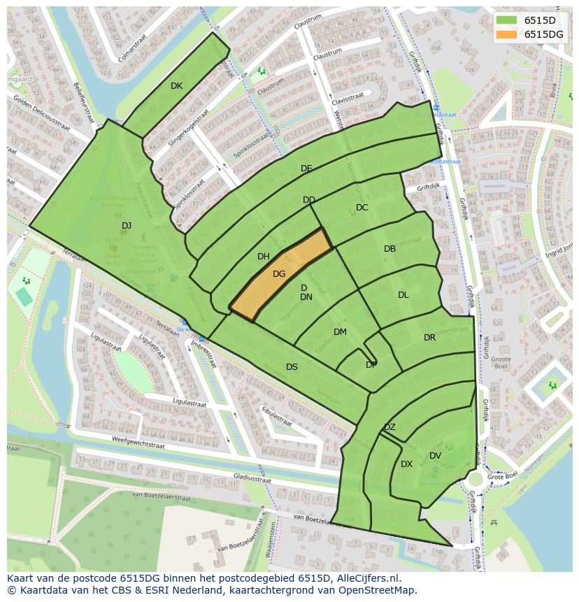 Afbeelding van het postcodegebied 6515 DG op de kaart.