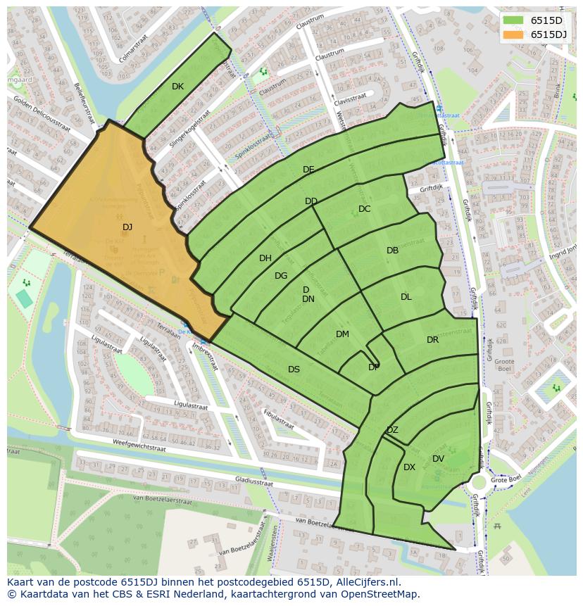 Afbeelding van het postcodegebied 6515 DJ op de kaart.