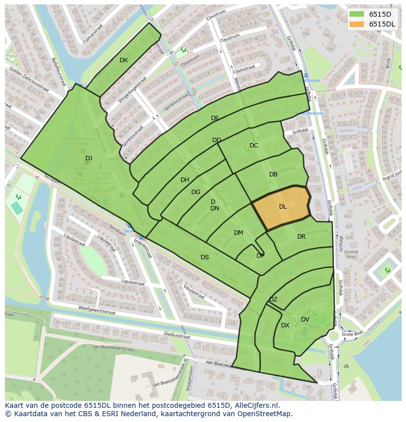Afbeelding van het postcodegebied 6515 DL op de kaart.