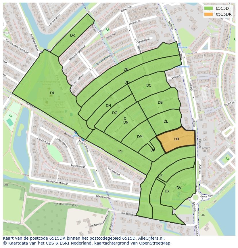 Afbeelding van het postcodegebied 6515 DR op de kaart.
