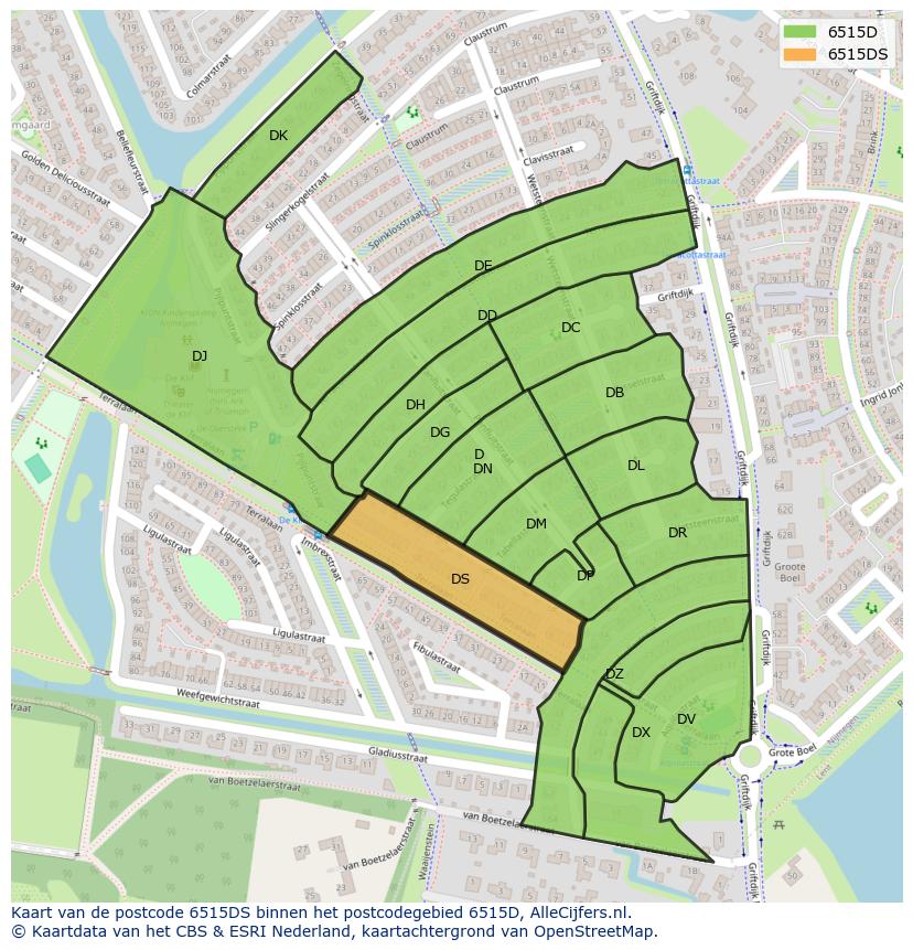 Afbeelding van het postcodegebied 6515 DS op de kaart.