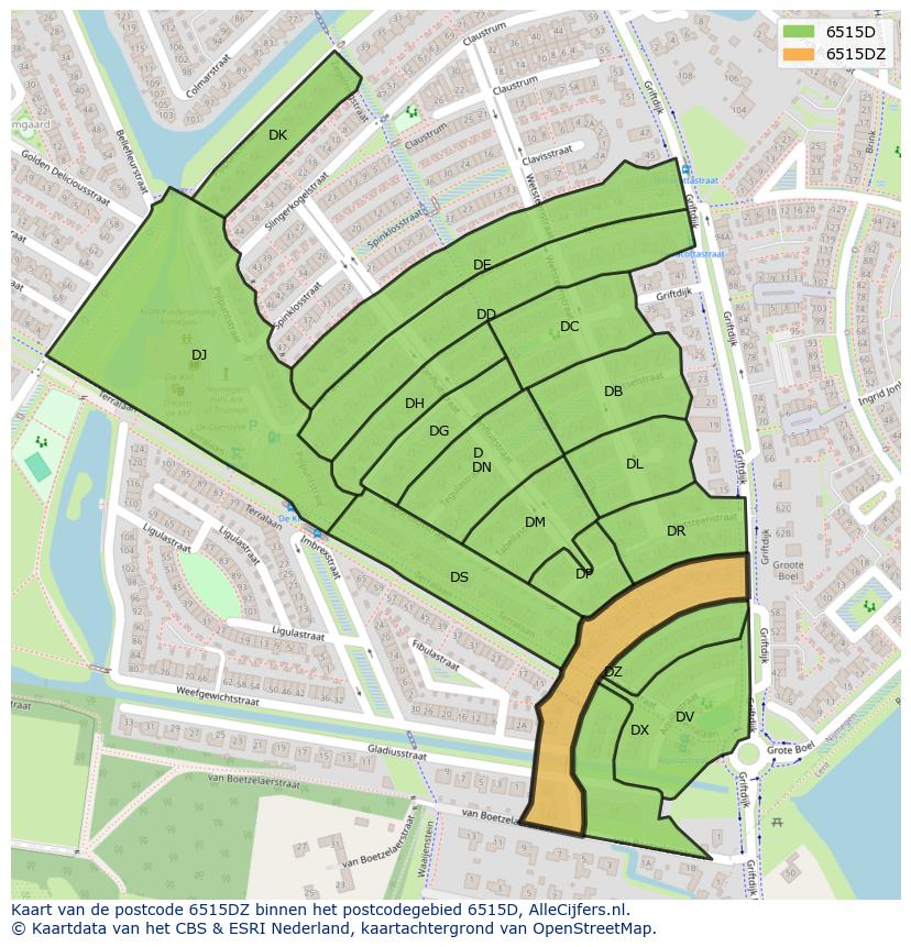Afbeelding van het postcodegebied 6515 DZ op de kaart.