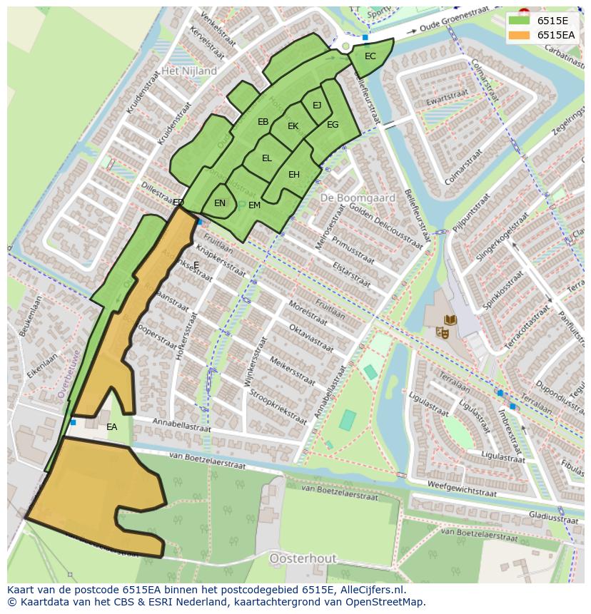 Afbeelding van het postcodegebied 6515 EA op de kaart.