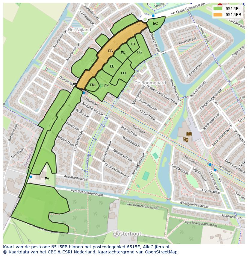 Afbeelding van het postcodegebied 6515 EB op de kaart.