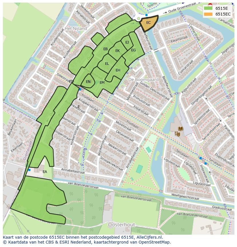 Afbeelding van het postcodegebied 6515 EC op de kaart.