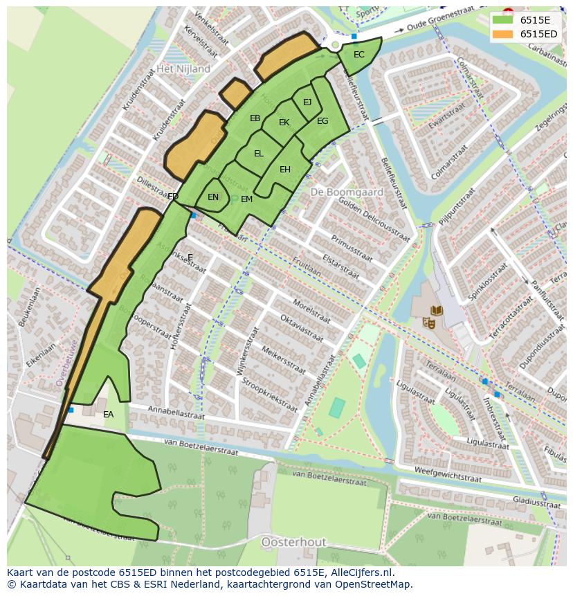 Afbeelding van het postcodegebied 6515 ED op de kaart.