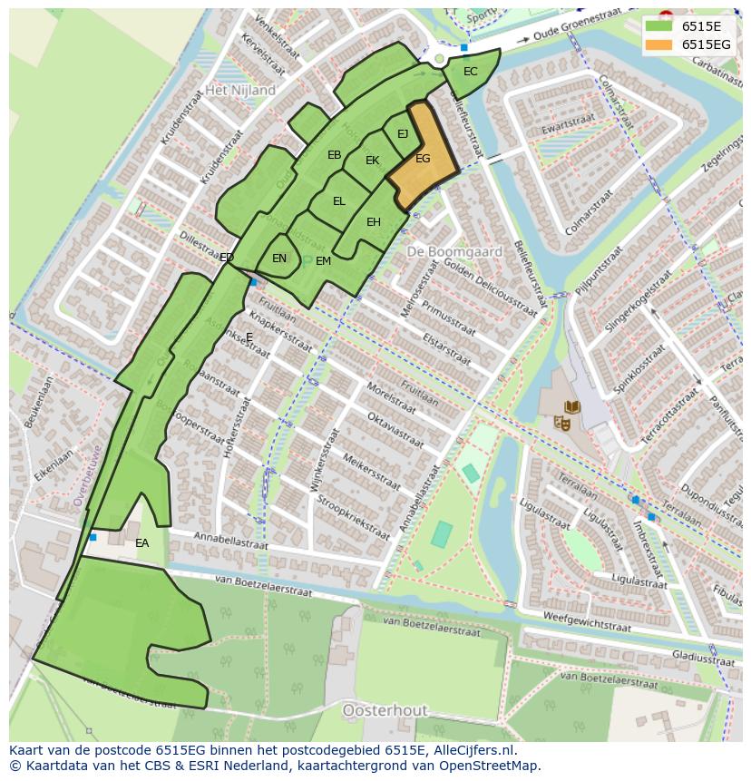 Afbeelding van het postcodegebied 6515 EG op de kaart.