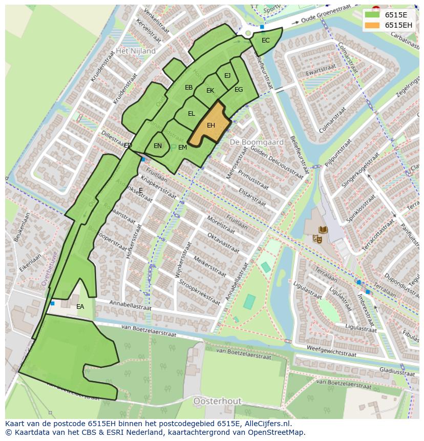 Afbeelding van het postcodegebied 6515 EH op de kaart.