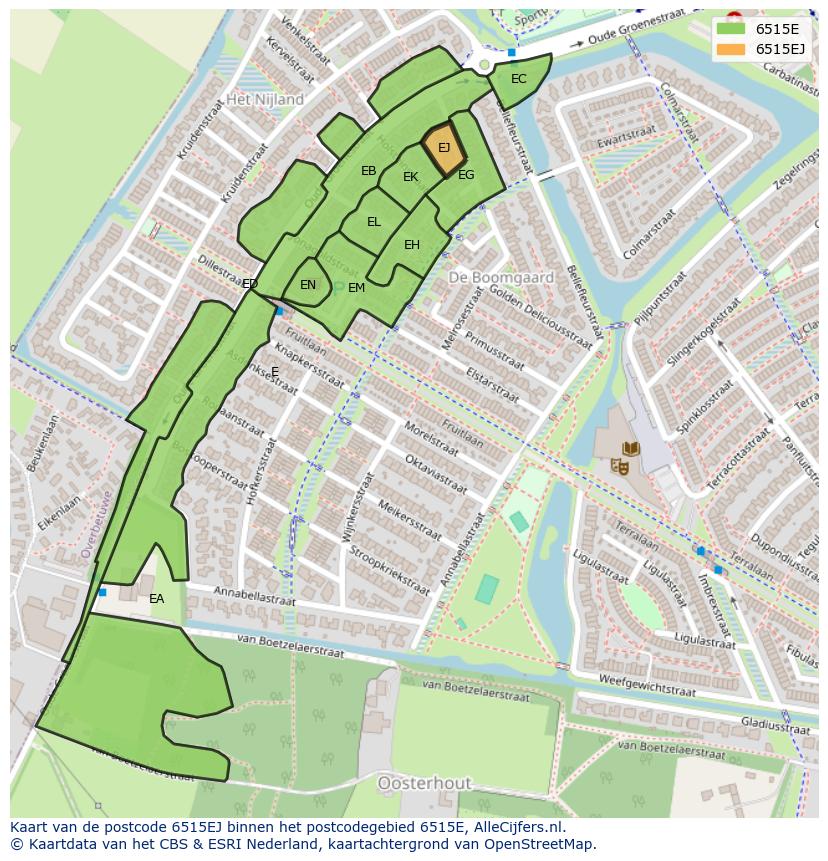Afbeelding van het postcodegebied 6515 EJ op de kaart.