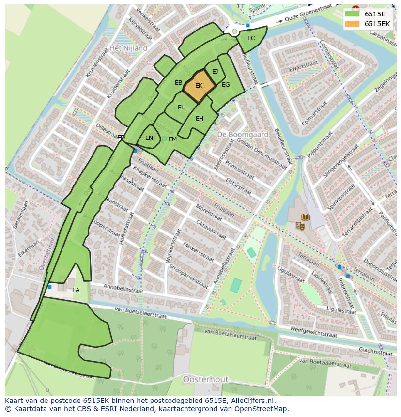 Afbeelding van het postcodegebied 6515 EK op de kaart.