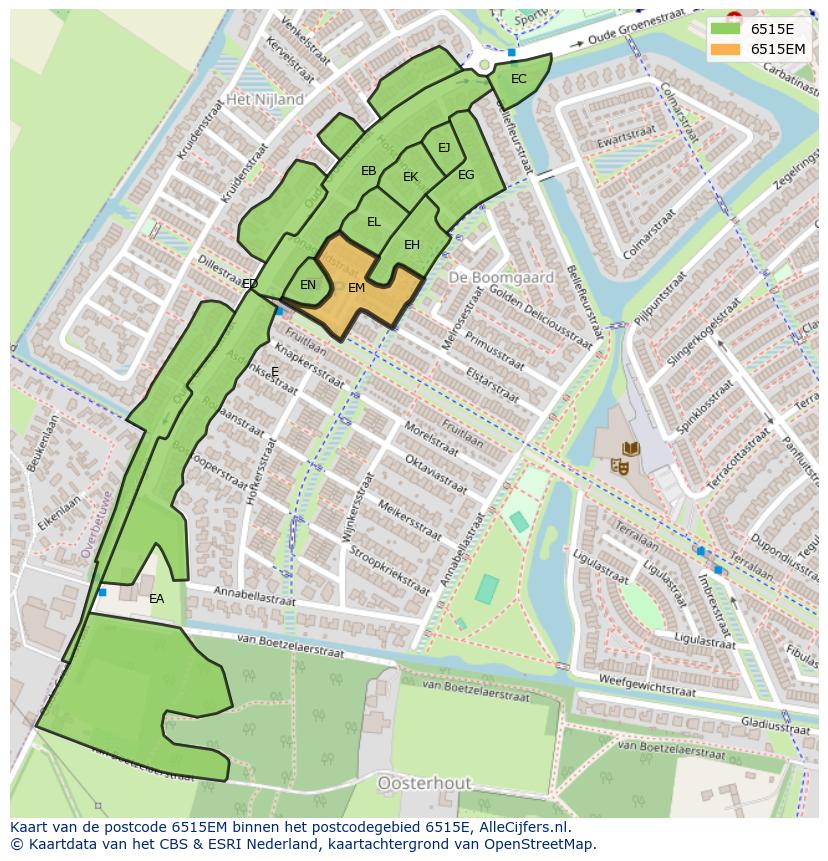 Afbeelding van het postcodegebied 6515 EM op de kaart.