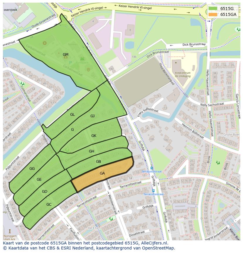 Afbeelding van het postcodegebied 6515 GA op de kaart.