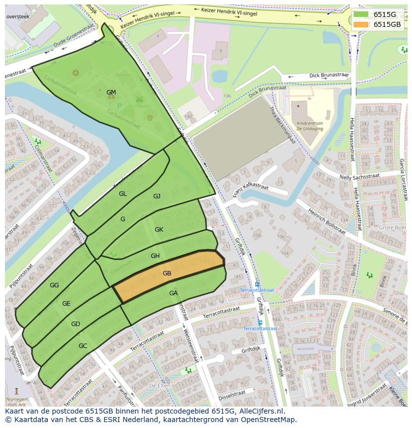 Afbeelding van het postcodegebied 6515 GB op de kaart.