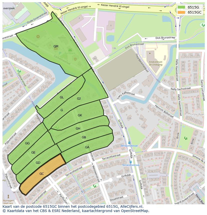 Afbeelding van het postcodegebied 6515 GC op de kaart.