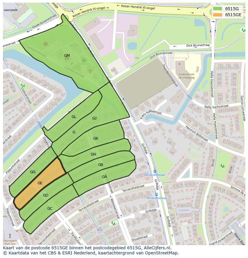 Afbeelding van het postcodegebied 6515 GE op de kaart.