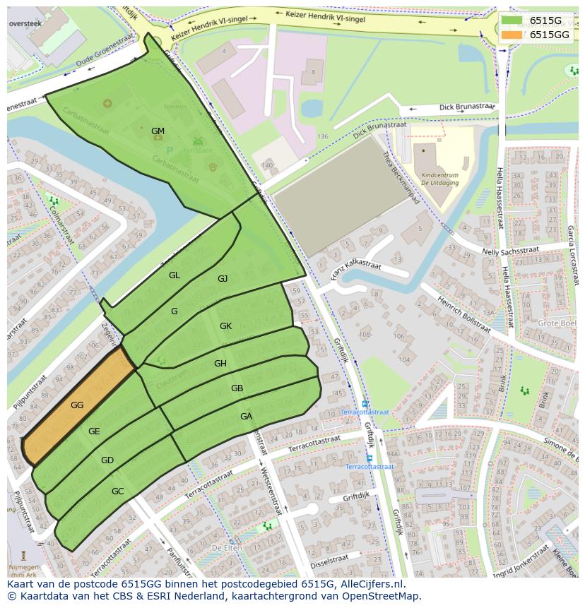 Afbeelding van het postcodegebied 6515 GG op de kaart.