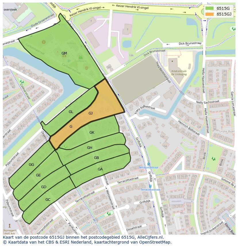 Afbeelding van het postcodegebied 6515 GJ op de kaart.
