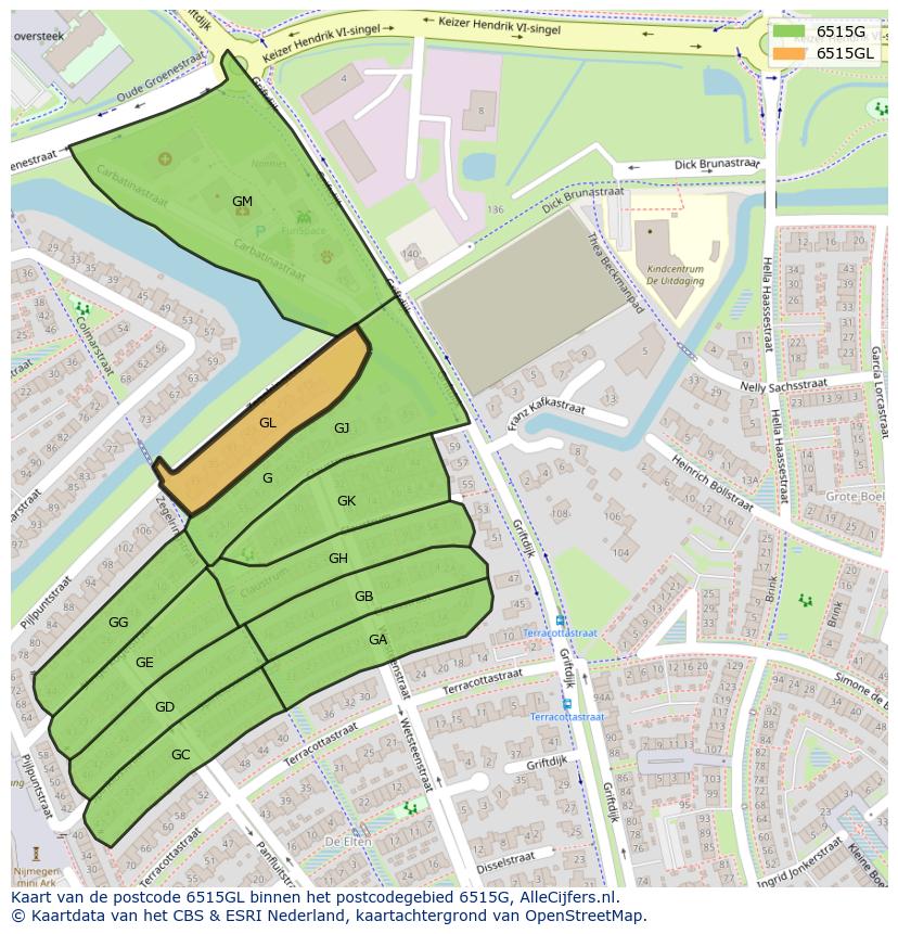 Afbeelding van het postcodegebied 6515 GL op de kaart.