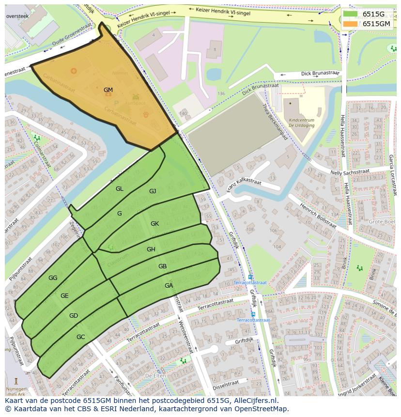 Afbeelding van het postcodegebied 6515 GM op de kaart.