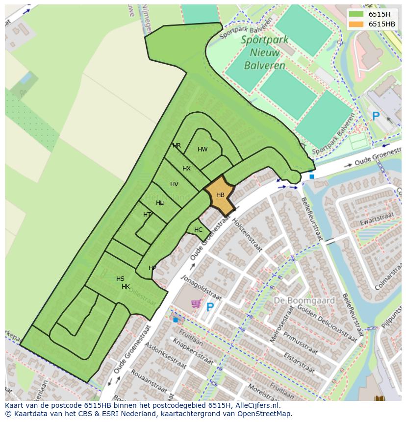 Afbeelding van het postcodegebied 6515 HB op de kaart.