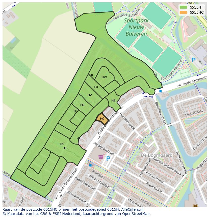 Afbeelding van het postcodegebied 6515 HC op de kaart.