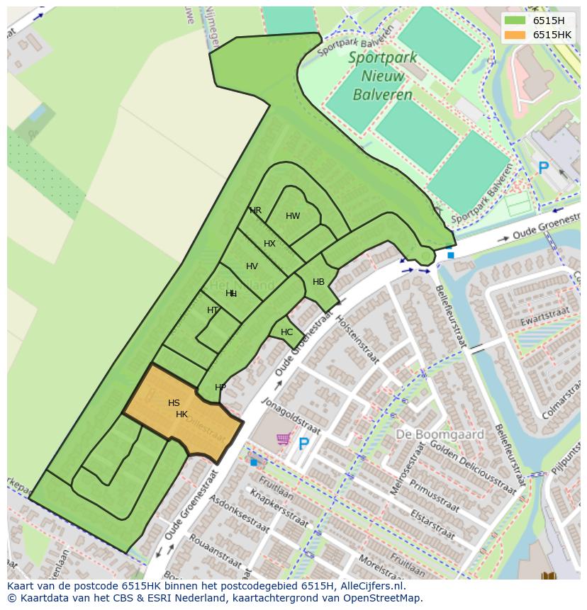 Afbeelding van het postcodegebied 6515 HK op de kaart.