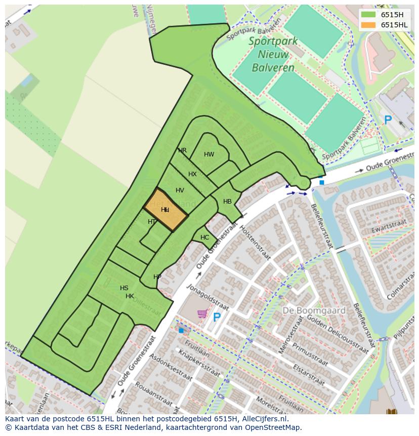 Afbeelding van het postcodegebied 6515 HL op de kaart.