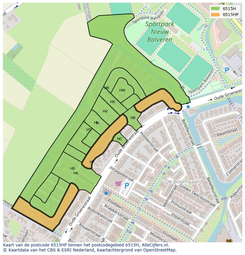 Afbeelding van het postcodegebied 6515 HP op de kaart.