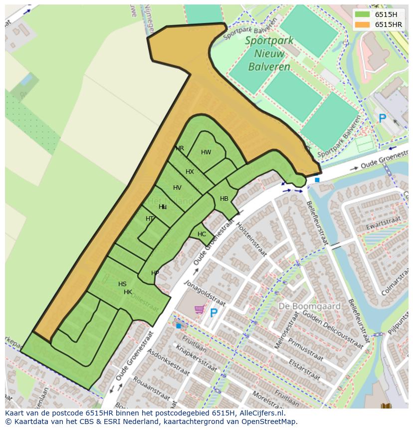 Afbeelding van het postcodegebied 6515 HR op de kaart.