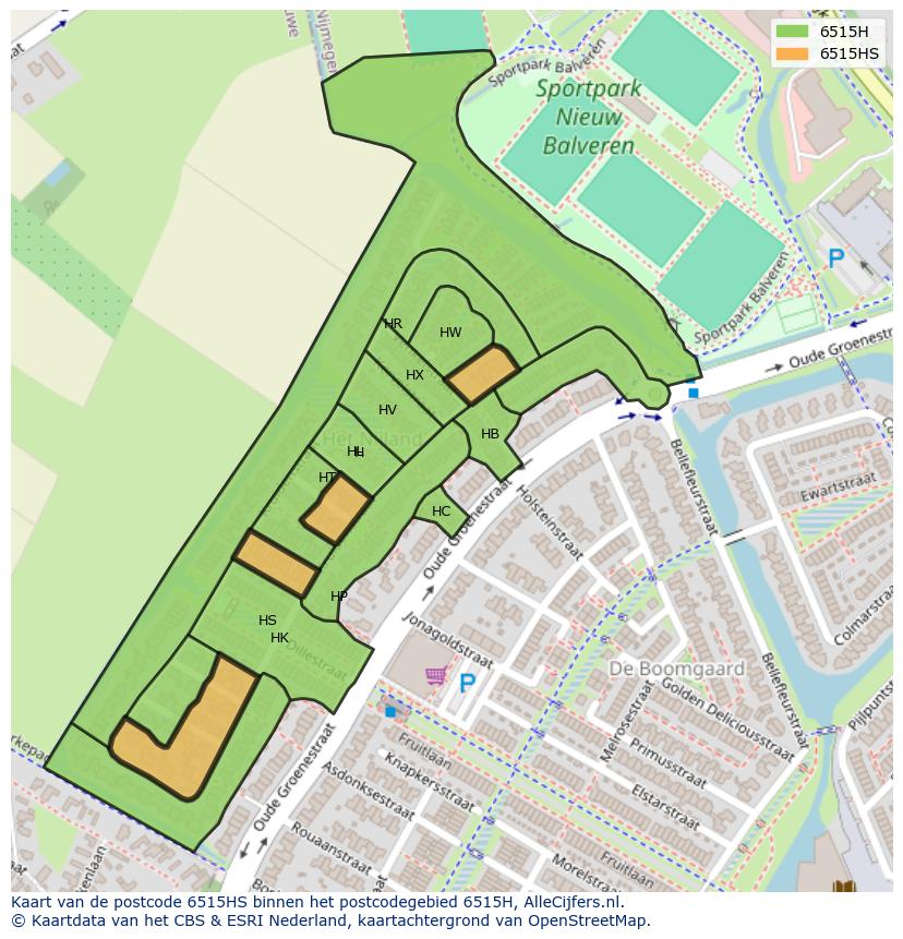 Afbeelding van het postcodegebied 6515 HS op de kaart.