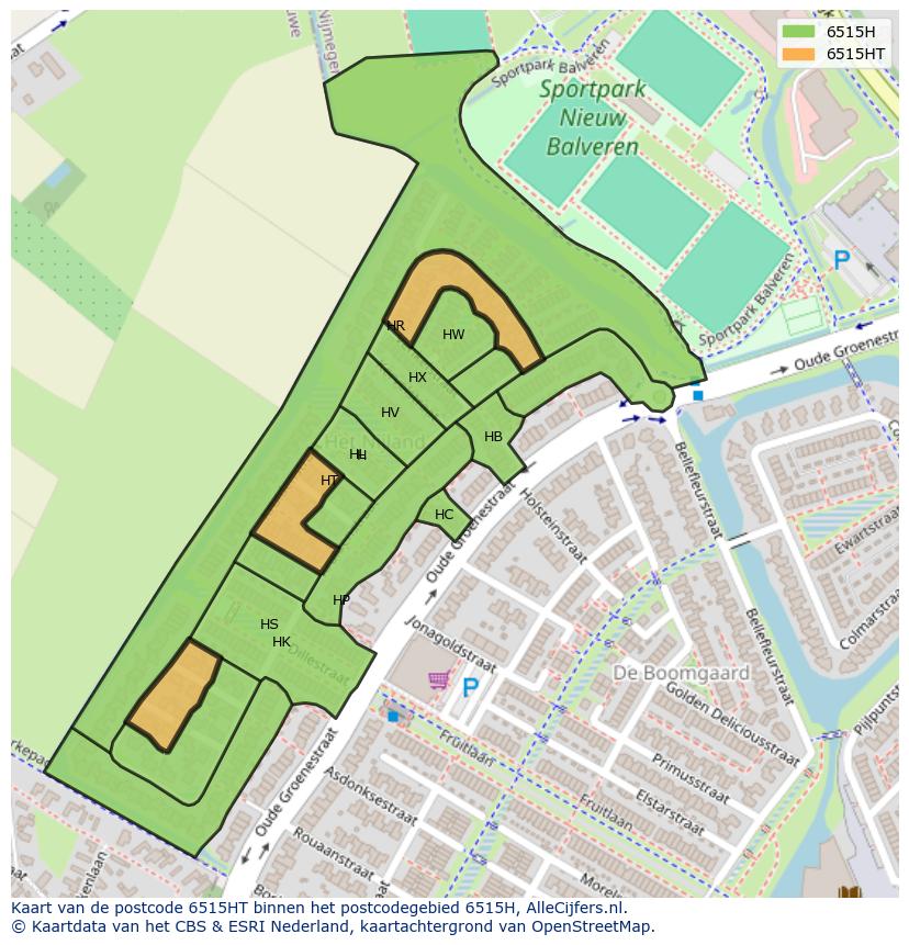 Afbeelding van het postcodegebied 6515 HT op de kaart.