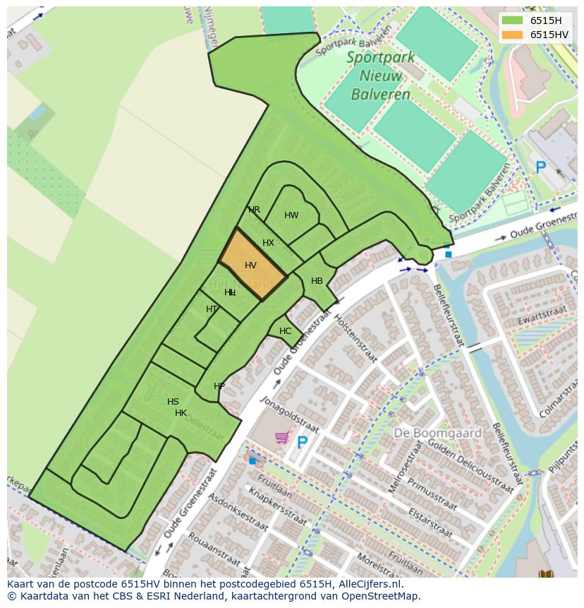 Afbeelding van het postcodegebied 6515 HV op de kaart.