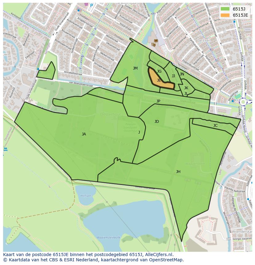 Afbeelding van het postcodegebied 6515 JE op de kaart.