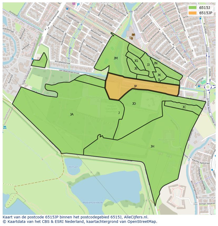 Afbeelding van het postcodegebied 6515 JP op de kaart.
