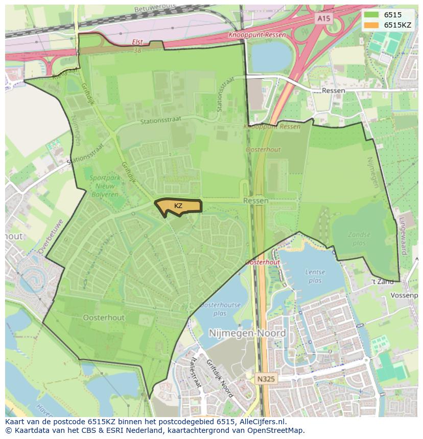 Afbeelding van het postcodegebied 6515 KZ op de kaart.