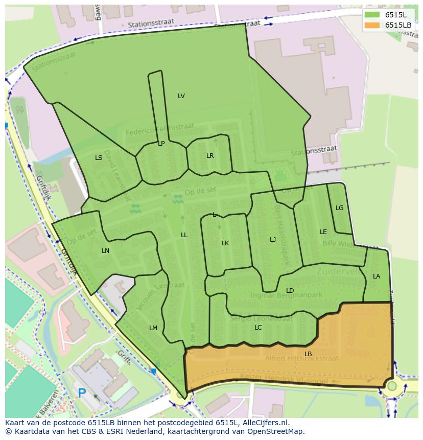 Afbeelding van het postcodegebied 6515 LB op de kaart.
