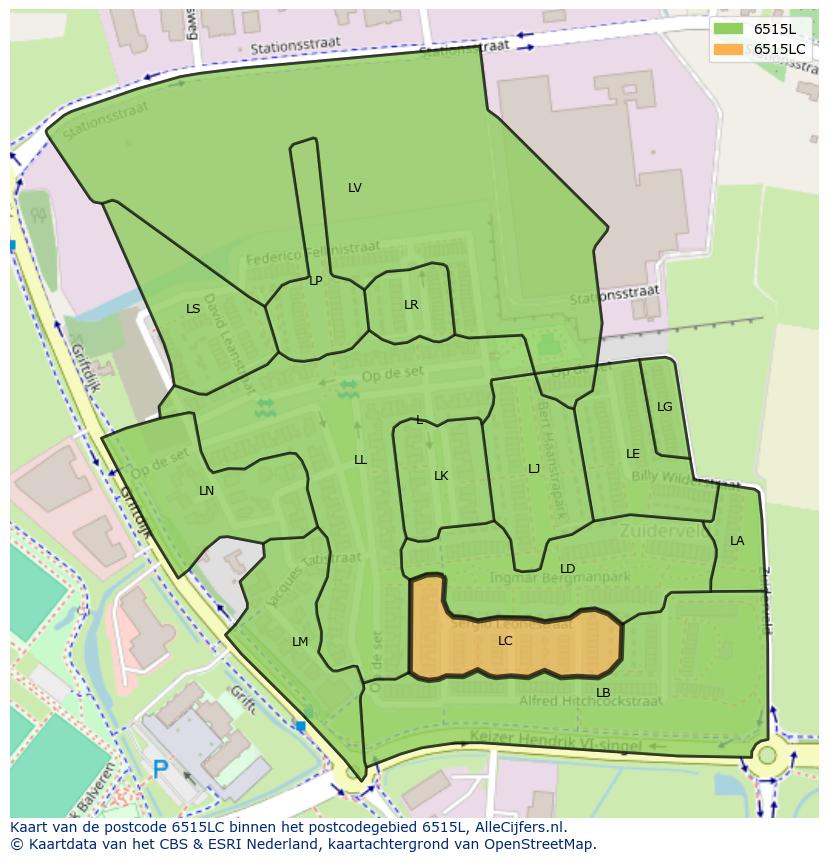Afbeelding van het postcodegebied 6515 LC op de kaart.