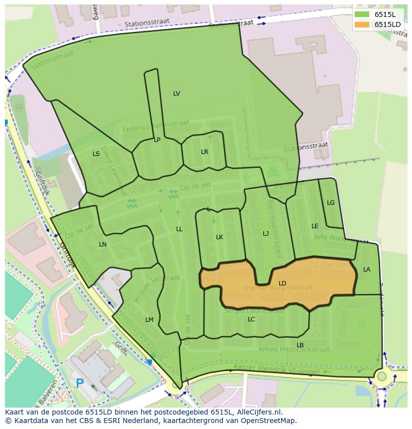 Afbeelding van het postcodegebied 6515 LD op de kaart.