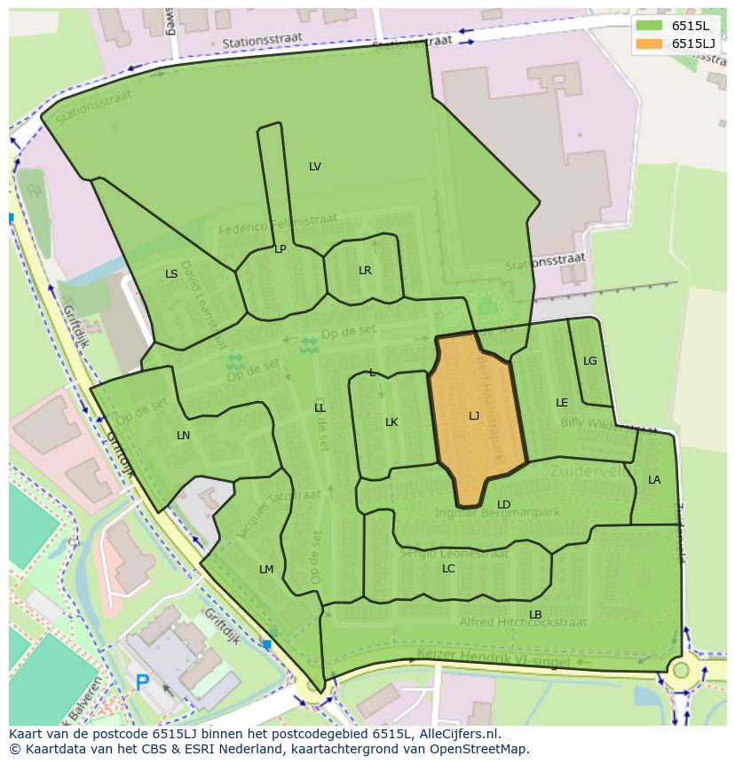 Afbeelding van het postcodegebied 6515 LJ op de kaart.