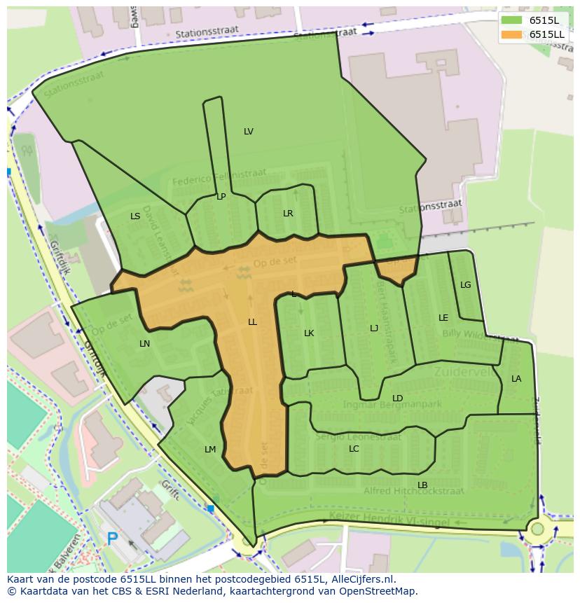 Afbeelding van het postcodegebied 6515 LL op de kaart.