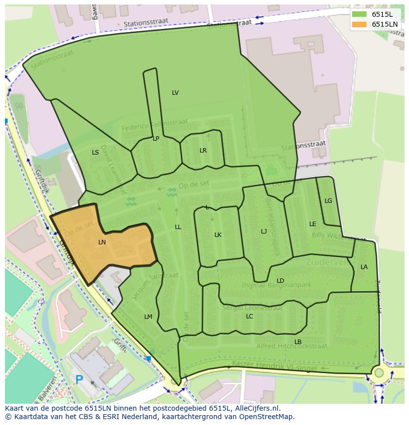 Afbeelding van het postcodegebied 6515 LN op de kaart.