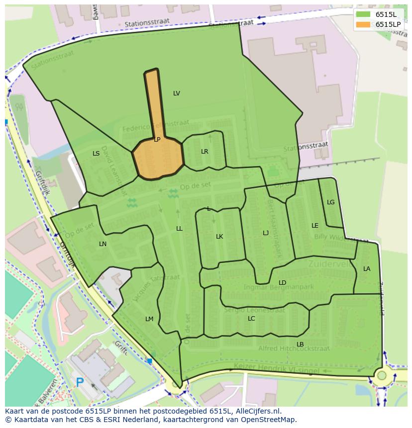 Afbeelding van het postcodegebied 6515 LP op de kaart.