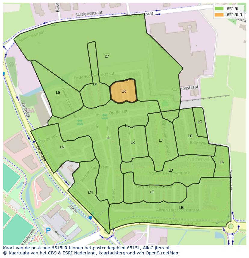 Afbeelding van het postcodegebied 6515 LR op de kaart.