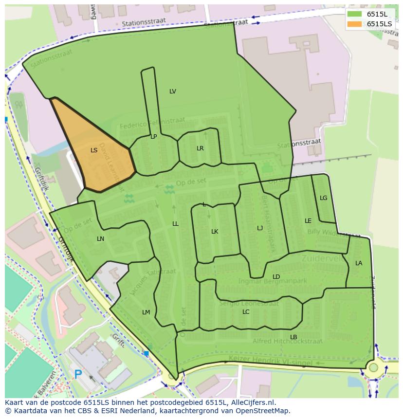 Afbeelding van het postcodegebied 6515 LS op de kaart.