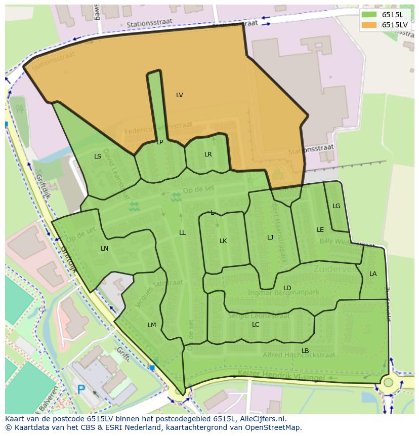 Afbeelding van het postcodegebied 6515 LV op de kaart.
