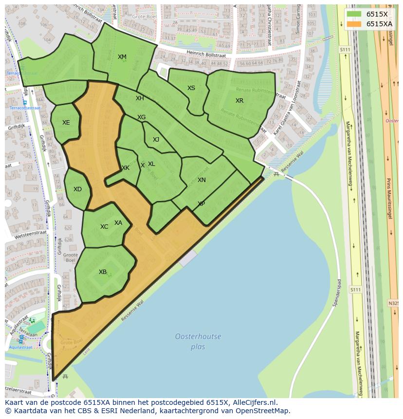 Afbeelding van het postcodegebied 6515 XA op de kaart.