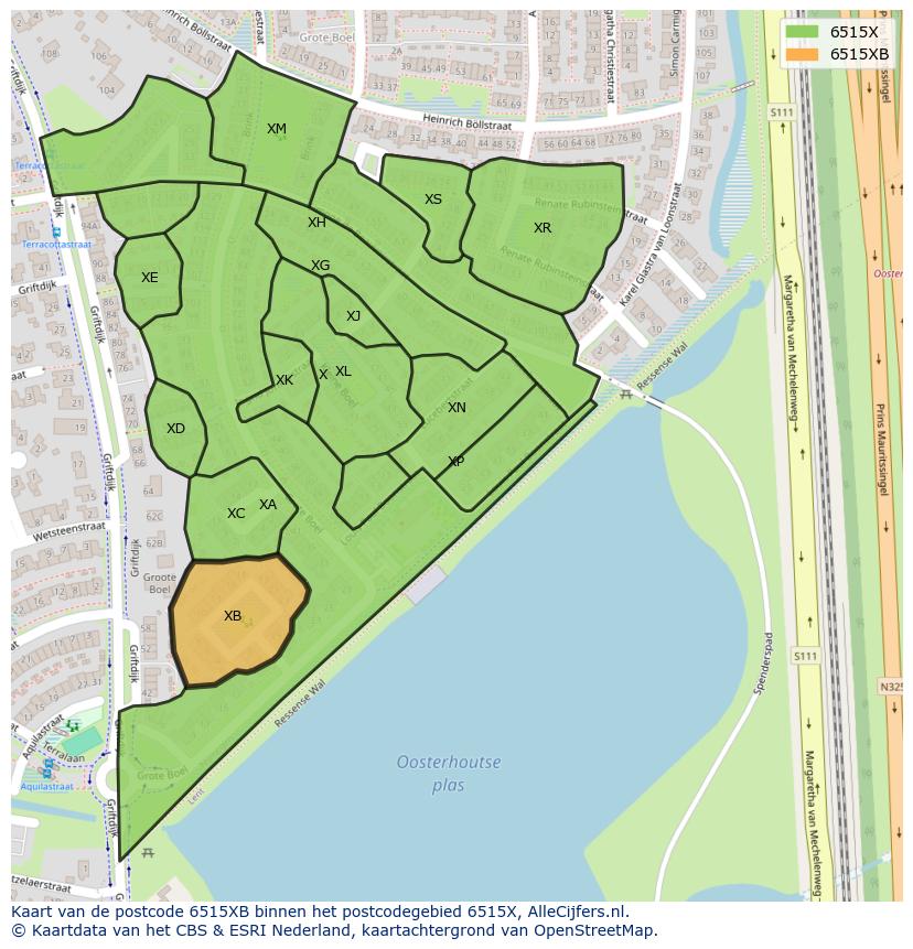 Afbeelding van het postcodegebied 6515 XB op de kaart.