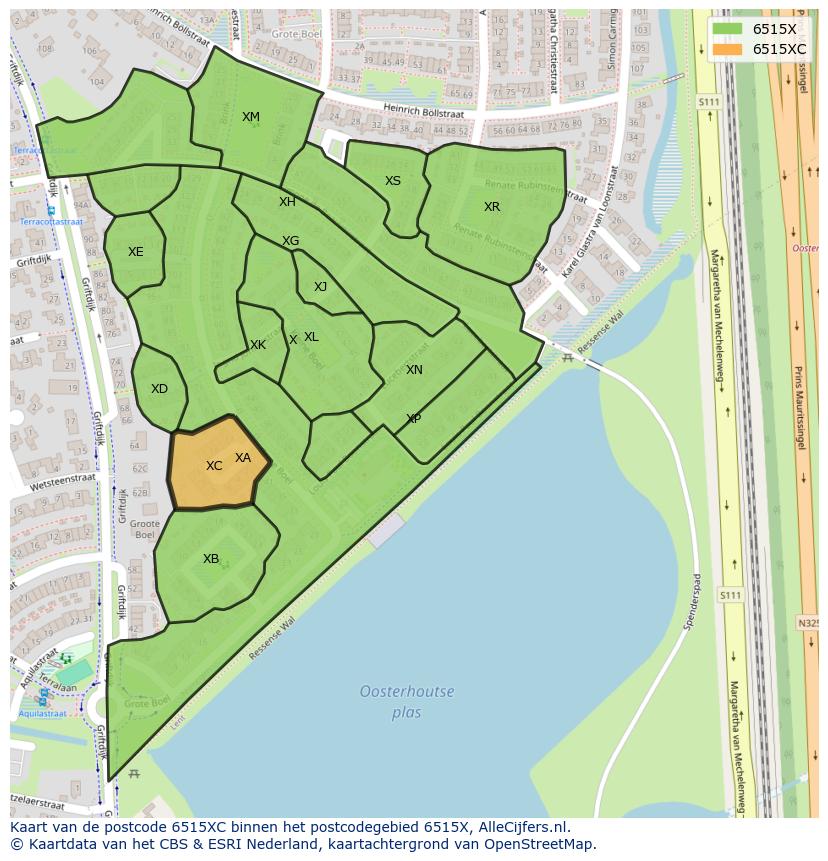 Afbeelding van het postcodegebied 6515 XC op de kaart.