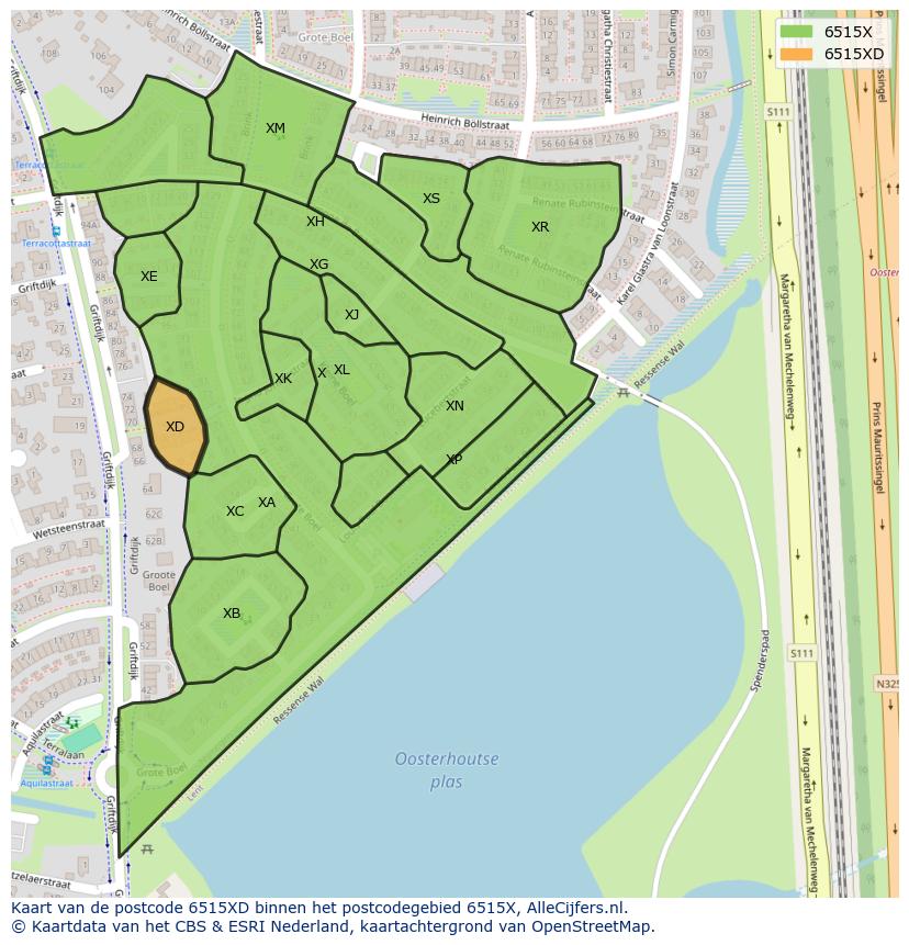 Afbeelding van het postcodegebied 6515 XD op de kaart.